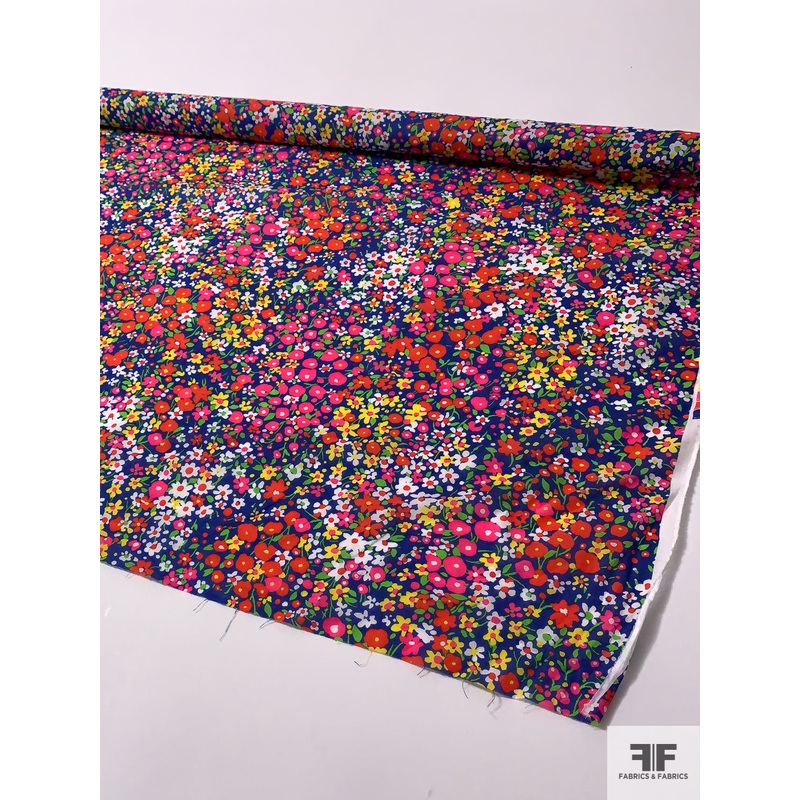 Playful Floral Printed Cotton Voile – Multicolor / Blue Fabric by the Yard