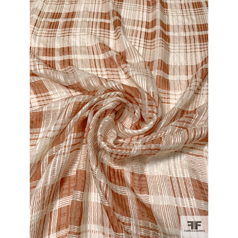Satin Plaid Silk Chiffon – Golden Caramel / Ivory Fabric by the Yard