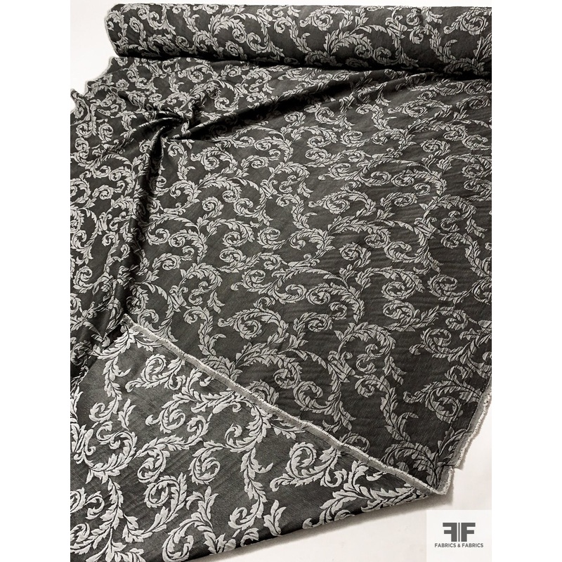 Swirling Leaf Vines Brocade – Dark Grey / Light Grey Fabric by the Yard