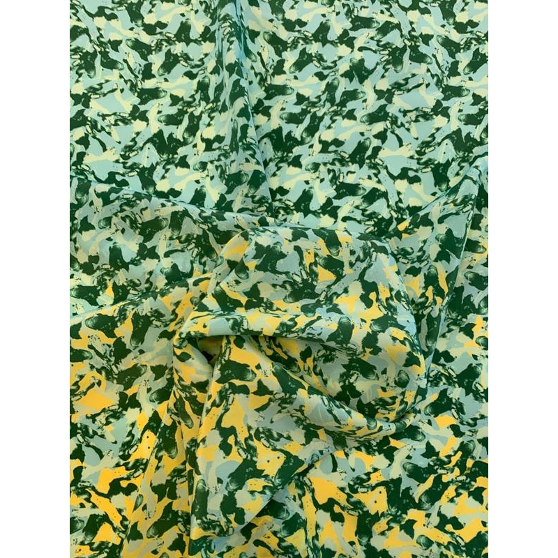 Abstract Printed Silk Crepe de Chine – Yellow / Green / Light Turquoise Fabric by the Yard