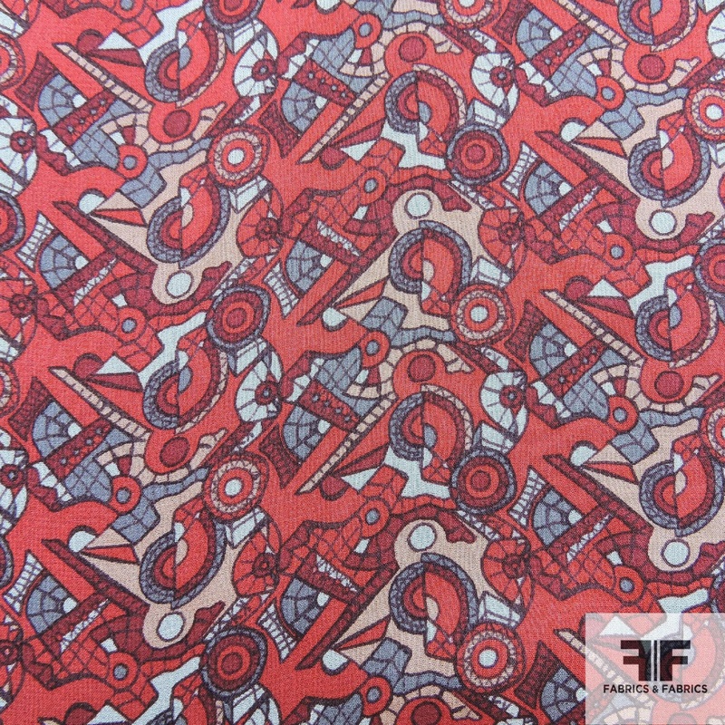 Art Deco Abstract Printed Silk Chiffon – Red Fabric by the Yard