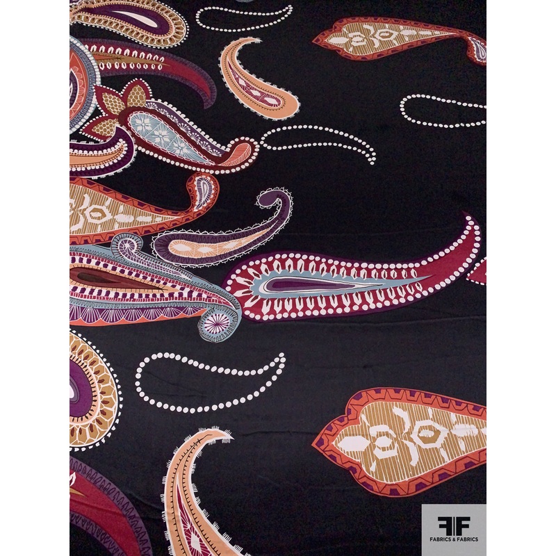 Border Pattern Paisley Printed Silk Charmeuse – Black / Purples / Cranberry / Tan / White Fabric by the Yard