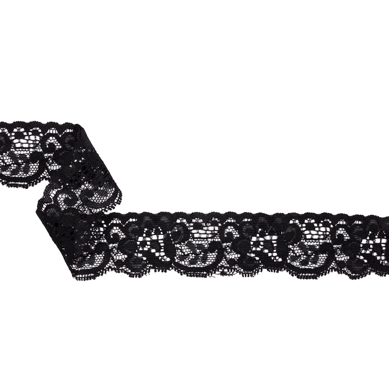 Famous NYC Designer Black Flowers and Swirls Scalloped Stretch Re-Embroidered Lace Trim – 1.375″