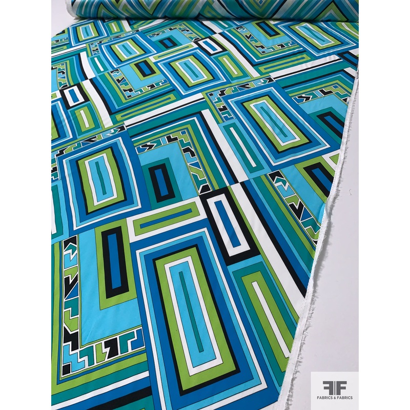 Geometric Layers Matte-Side Printed Silk Charmeuse – Turquoise / Lime / Black / White Fabric by the Yard