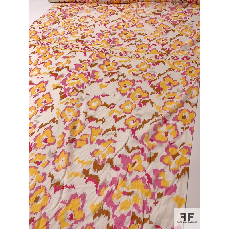 Ikat Animal Pattern Printed Cotton-Silk Voile Panel – Warm Yellow / Magenta / Caramel / Off-White Fabric by the Panel