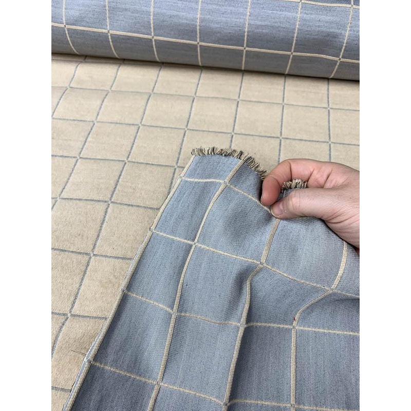 Italian Double-Sided Windowpane Novelty Brushed-Cotton Brocade – Beige / Grey Fabric by the Yard
