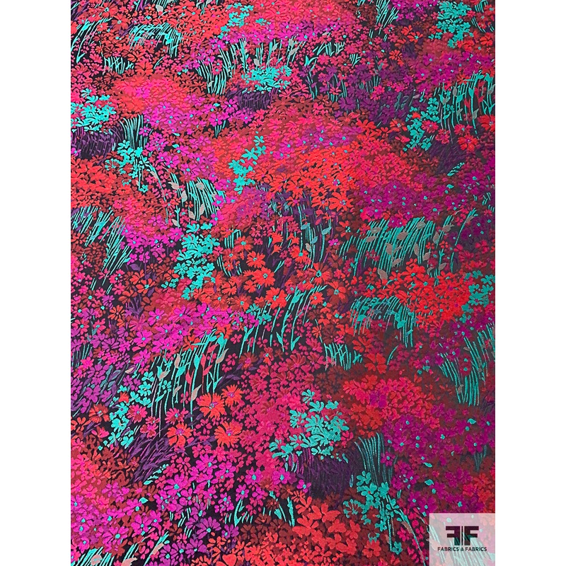 Italian Floral Field Brocade – Raspberry / Reds / Aquamarine / Black Fabric by the Yard