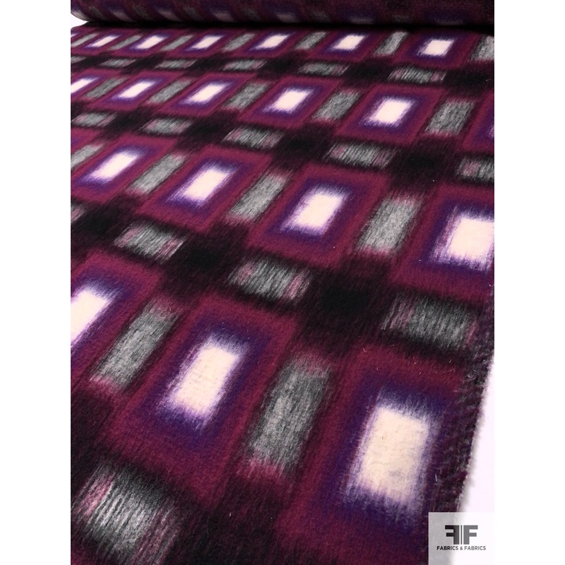 Italian Hazy Squares Printed Brushed Mohair Heavy Wool Blend Knit Coating – Magenta / Purple / Black / Light Grey Fabric by the Yard