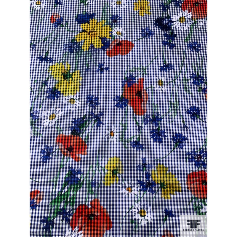 Italian Lela Rose Floral Gingham Printed Cotton Lawn – Blue / Off-White / Multicolor Fabric by the Yard