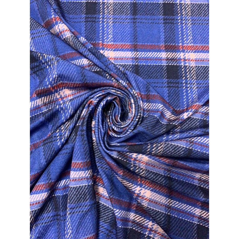 Italian Plaid Printed Jersey Knit – Blue / Navy / Red / Light Blush Fabric by the Yard