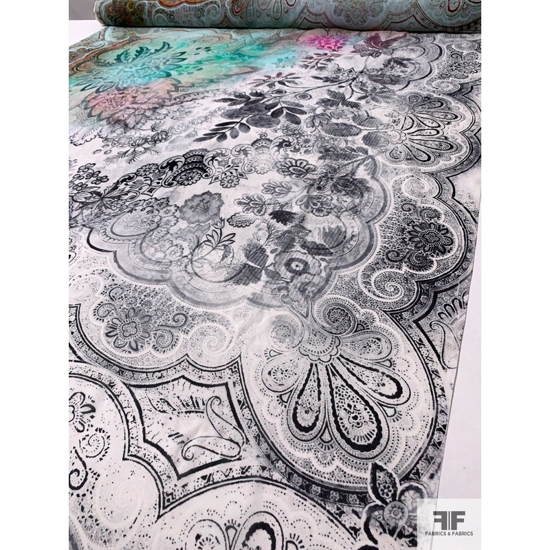 Made in Germany Hazy Paisley Adorned Printed Silk Chiffon – Off-White / Black / Aquamarine / Reds Fabric by the Yard