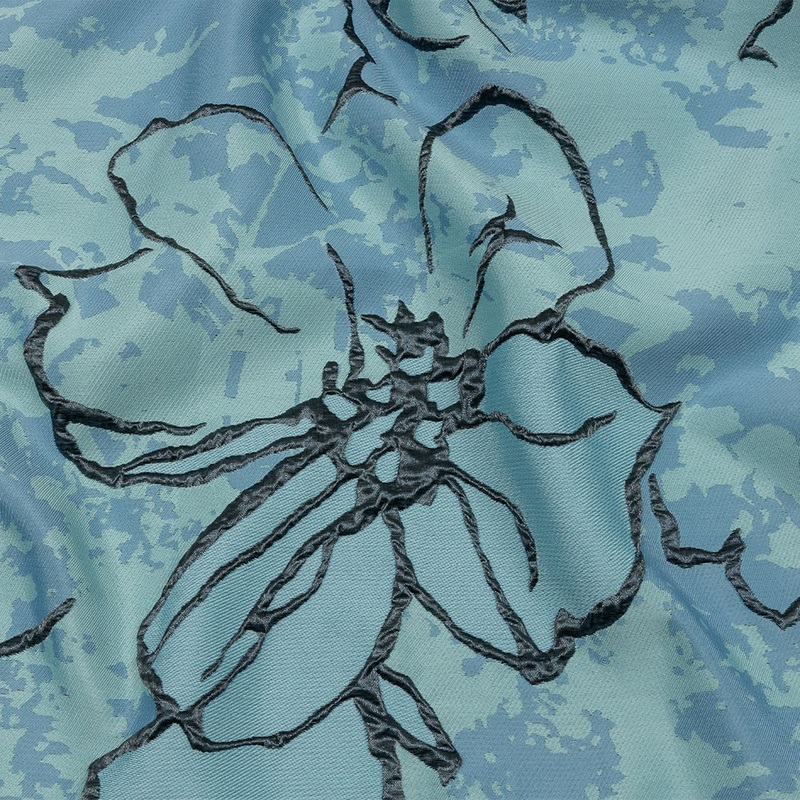 Metallic Gunmetal and Blue Mottled Floral Outlines Luxury Brocade
