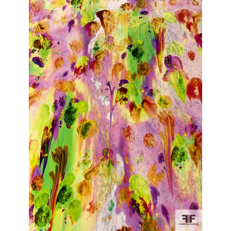 Painterly Floral Silk Crepe de Chine – Multicolor / Orchid / Greens Fabric by the Yard