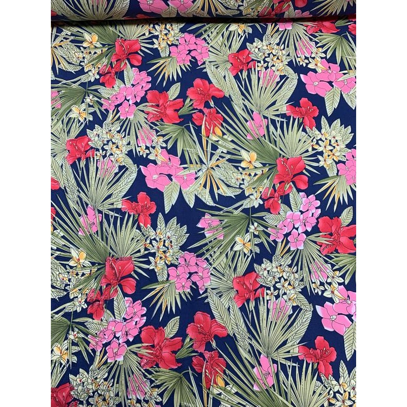 Tropical Floral Leaf Printed Cotton Linen – Blue / Green / Pink / Coral Fabric by the Yard