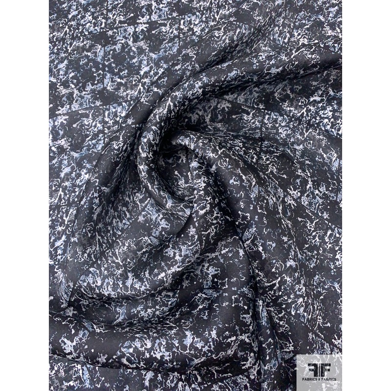 Abstract and Square Grid Printed Satin Face Organza – Black / Off-White / Dusty Blues / Grey Fabric by the Yard