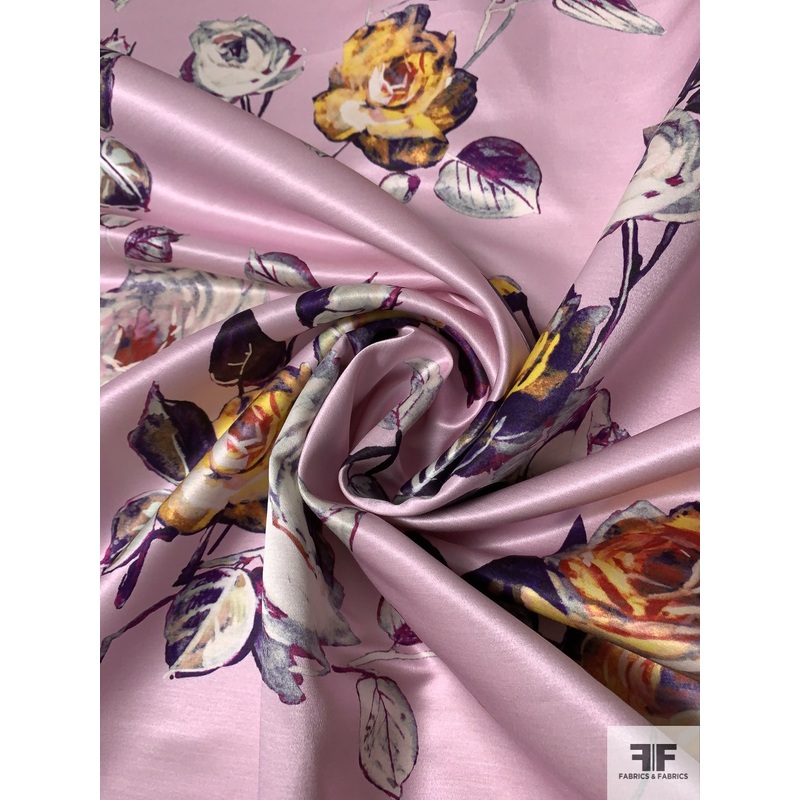 Beautiful Floral Printed Cotton-Rayon Satin – Dusty Orchid / Purples / Yellow Fabric by the Yard