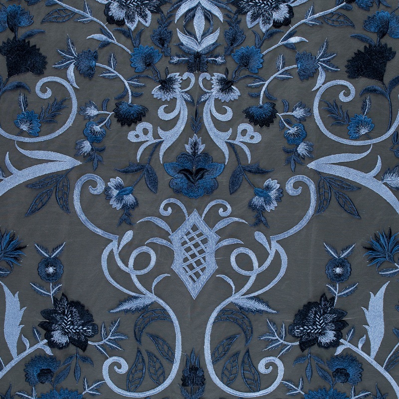 Embroidered Tulle Panel – Metallic Blue and White Floral