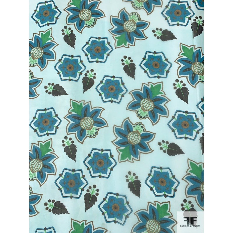 Graphic Leaf Theme Printed Silk Chiffon – Turquoise-Teal / Celeste / Green / Brown Fabric by the Yard