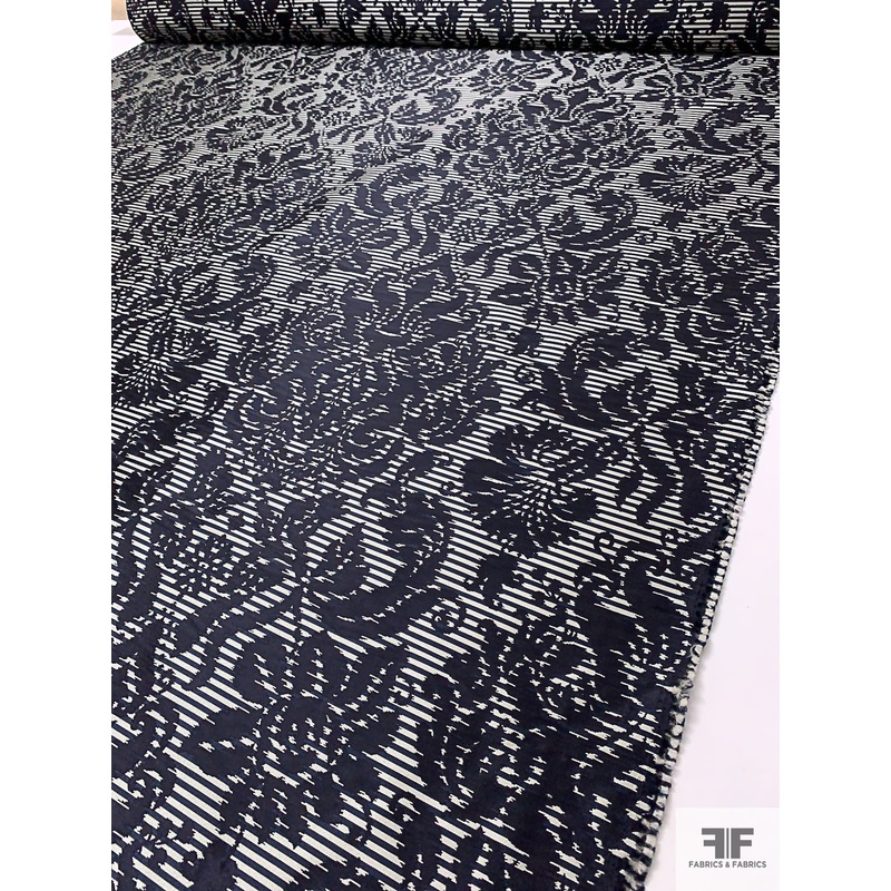 Italian Damask and Striped Brocade – Black / Light Grey / Navy Fabric by the Yard