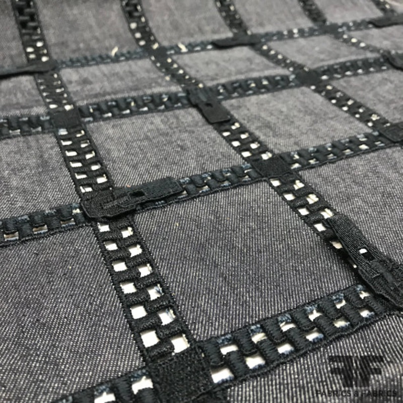 Italian Novelty Denim with Embroidered Zipper Pulls Fabric by the Yard