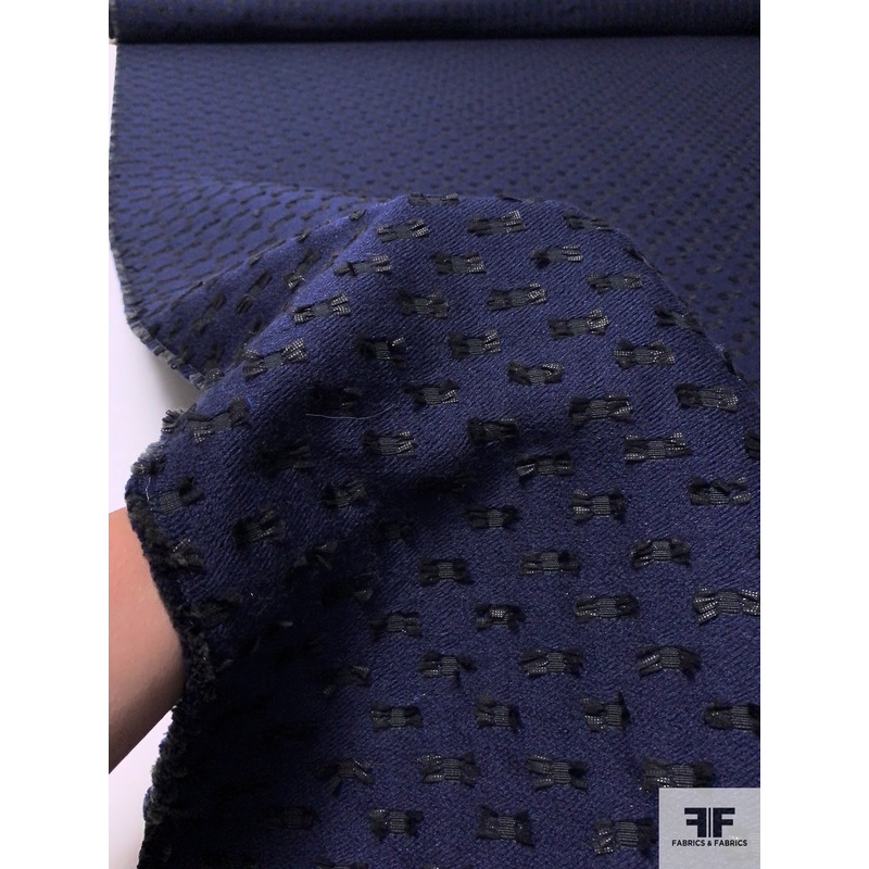 Italian Novelty Jacket Weight with Stitched Ribbons – Blue / Black Fabric by the Yard