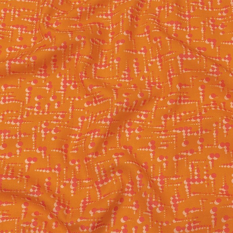 Linen and Rayon Woven – Orange and Pink Dot Lines – Spot of Sunshine Print – Mood Exclusive Citrus Collection
