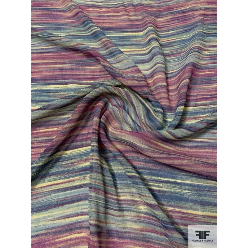 Streaky Hazy Striped Printed Viscose Georgette – Pastel Lime / Denim Blue / Purple Fabric by the Yard
