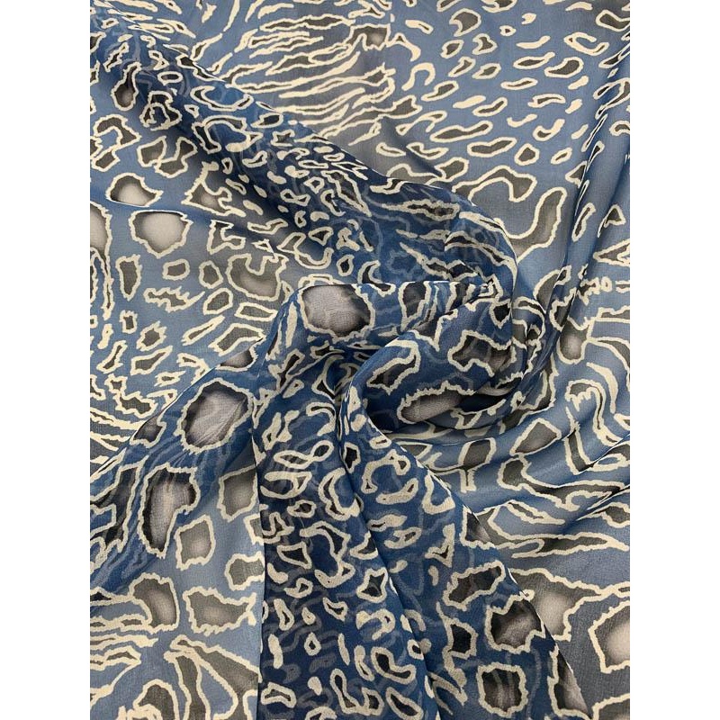 Animal Printed Silk Chiffon – Blue / Black / White Fabric by the Yard