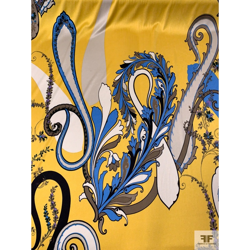 Bold Paisley and Border Printed Silk Jersey Knit – Golden Yellow / Blue / Light Grey Fabric by the Yard
