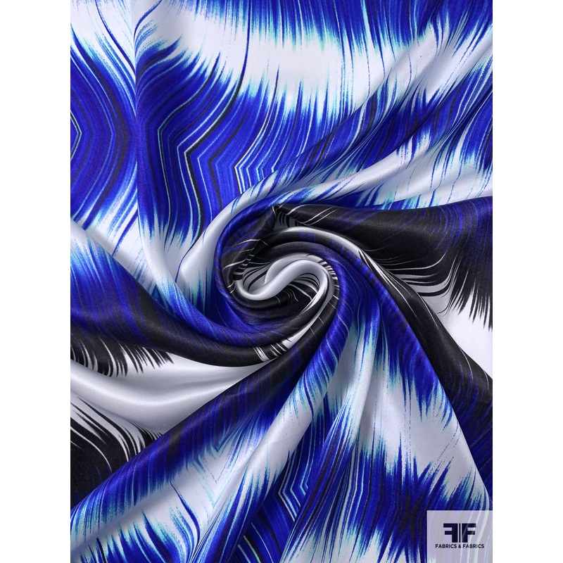Feathery Psychedelic Printed Silk Charmeuse – Royal Blue / Black / Aqua / White Fabric by the Yard