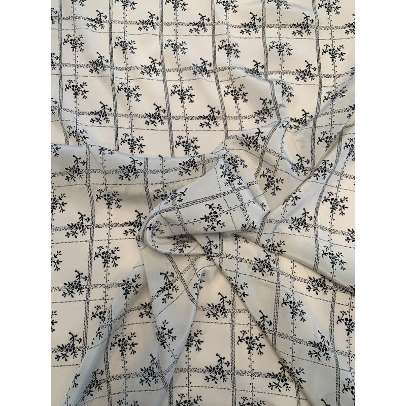 Floral Grid Printed Silk Crepe de Chine – Ivory / Black Fabric by the Yard