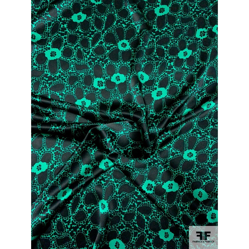 Floral Pebble Graphic Printed Silk Charmeuse – Emerald Green / Black Fabric by the Yard