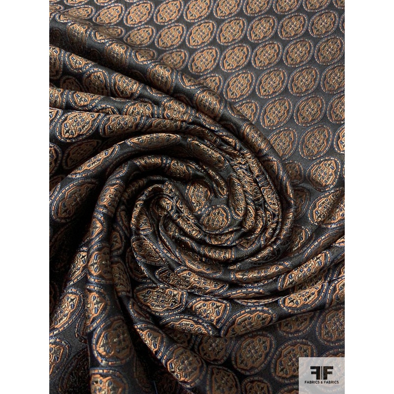 Florals in Oval Silk Necktie Jacquard Brocade – Black / Ochre / Navy Fabric by the Yard