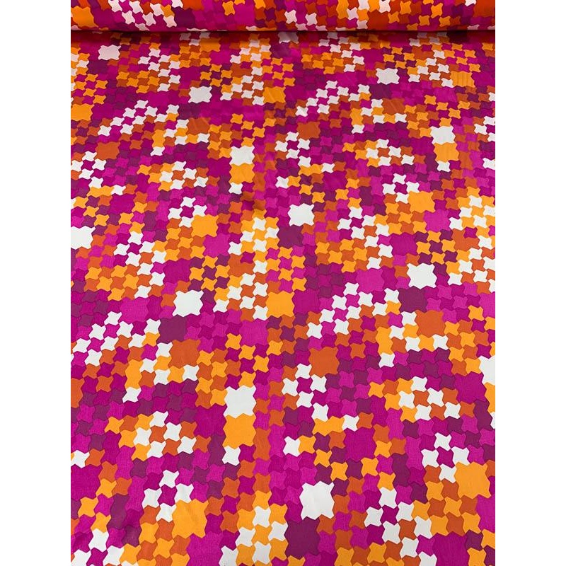 Geometric Matte-Side Mosaic Printed Silk Charmeuse – Magenta / Orange / White Fabric by the Yard