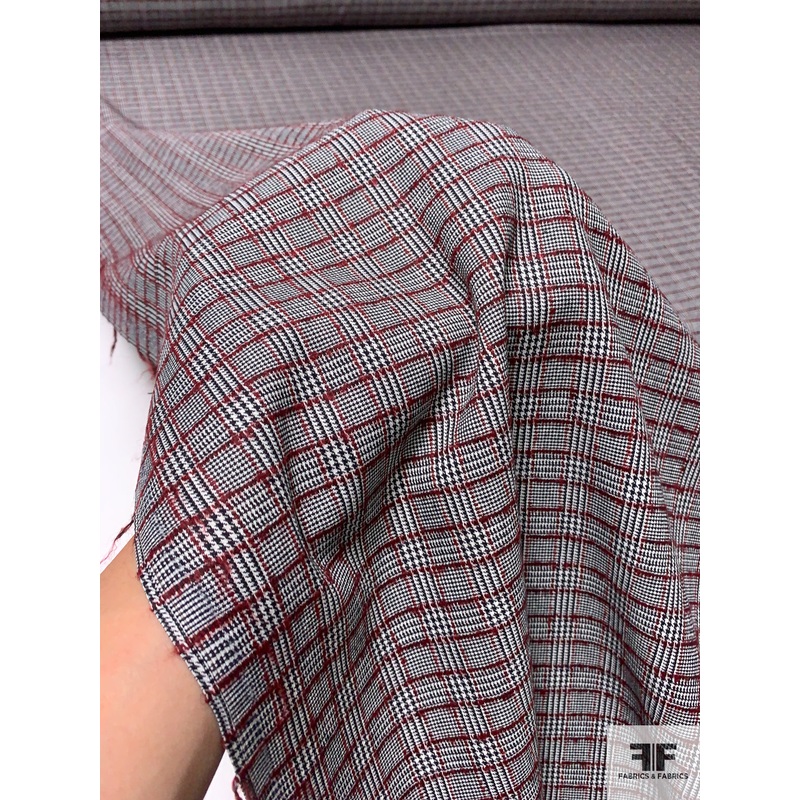Italian Glen Plaid Textured Suiting – Maroon / Black / White Fabric by the Yard