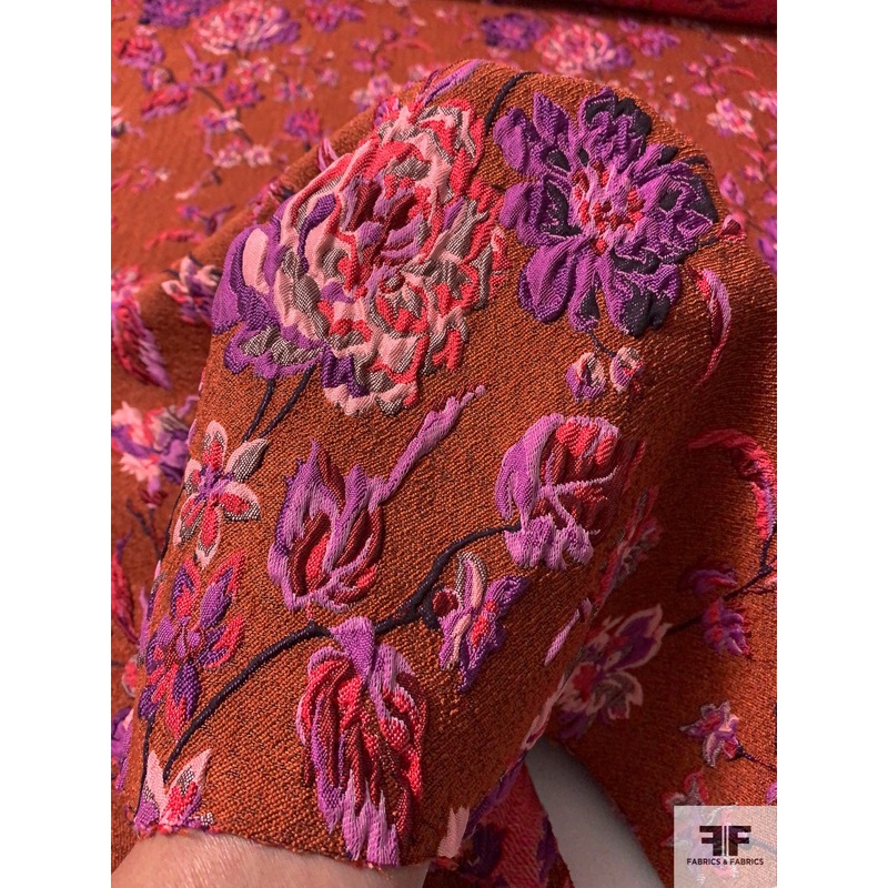 Italian Textured Floral Brocade with Slight Stretch – Burnt Orange / Orchid / Light Pink Fabric by the Yard