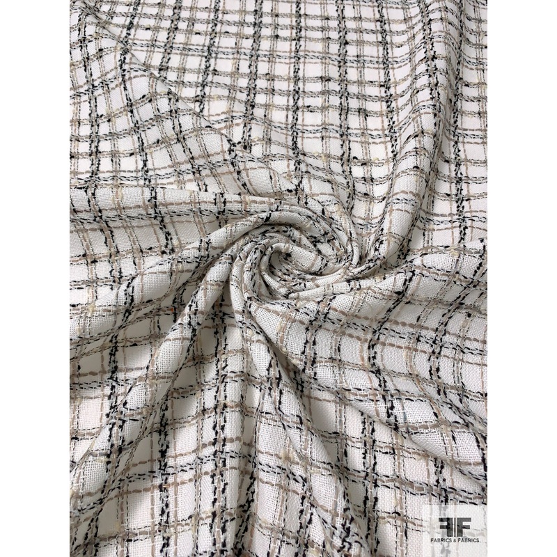 Italian Textured Plaid Lightweight Tweed Suiting – Off-White / Black / Dark Ecru Fabric by the Yard