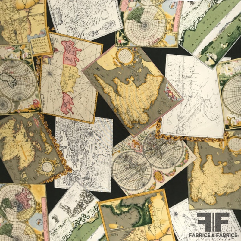 Map Design Printed Silk Fugi  – Multicolor Fabric by the Yard
