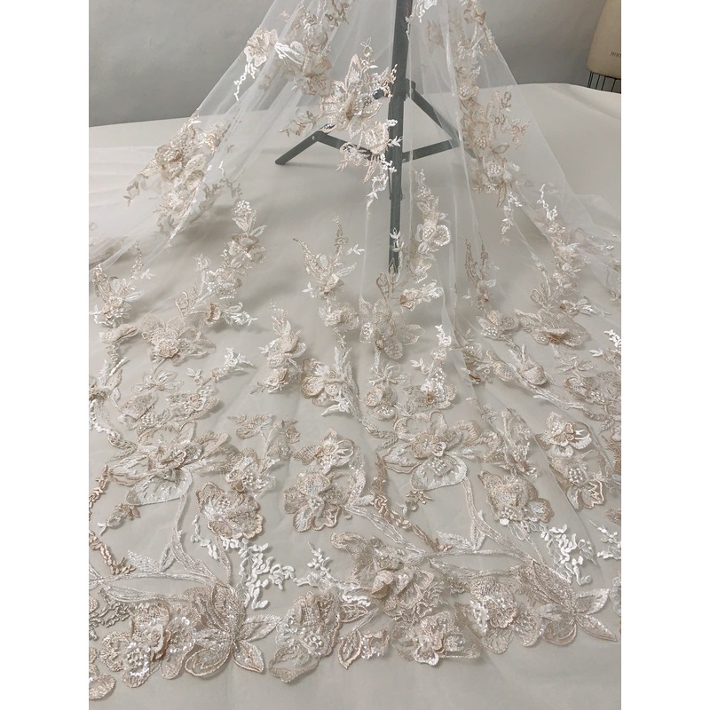 Marchesa Fine Embroidered Bridal Tulle with Metallic Threadwork, Clear Sequins, Caviar Beads, Bugle Beads and 3D Floral Petals – Off-White / Champagne Fabric by the Yard