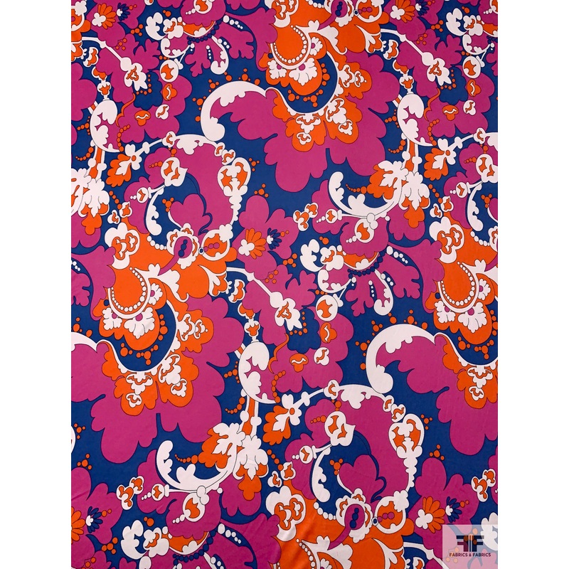 Pucci-esque Paisley Printed Silk Jersey Knit – Berry PInk / Orange / Deep Periwinkle / White Fabric by the Yard