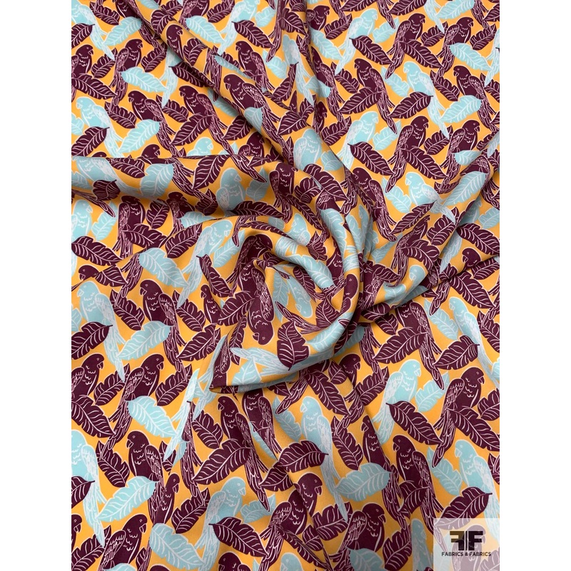 Tropical Parrot and Leaf Printed Rayon Challis – Maroon / Orange / Tiffany Blue Fabric by the Yard