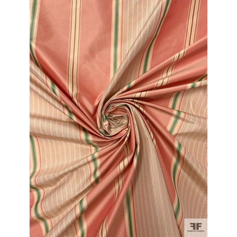 Vertical Striped Yarn-Dyed Silk Taffeta – Deep Coral / Greens / Beige Fabric by the Yard