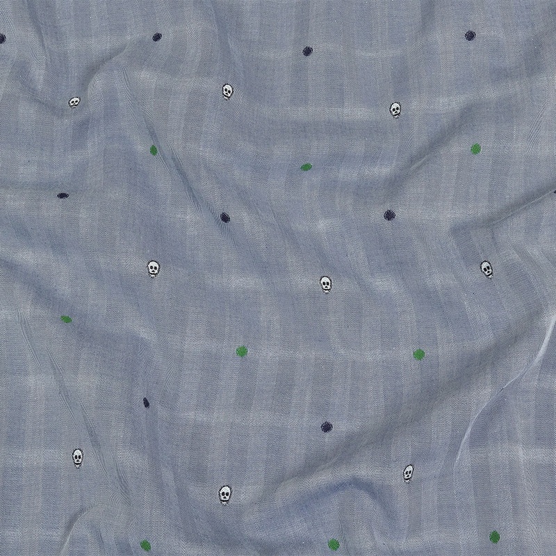 Blue, Green and White Skulls and Polka Dots Lightweight Cotton Herringbone Jacquard