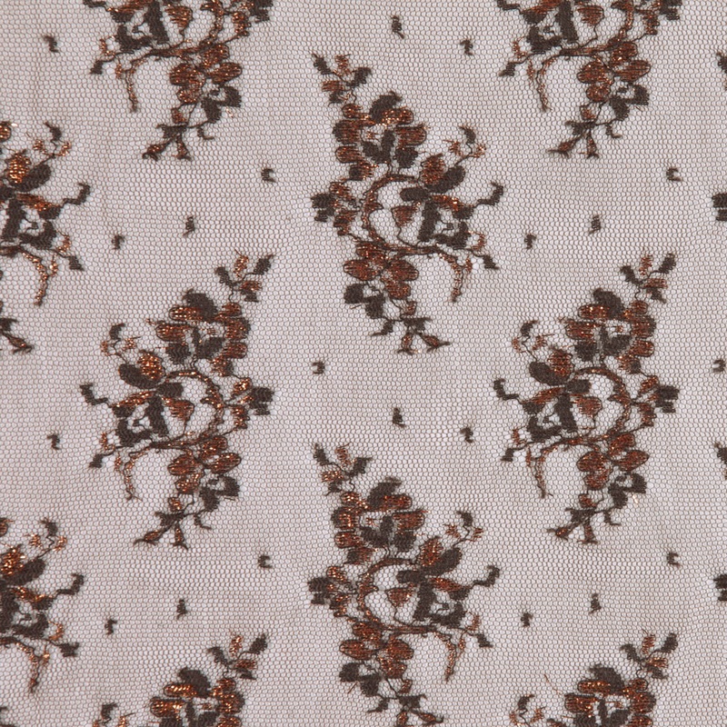 Brown and Metallic Copper Floral Polyester Lace