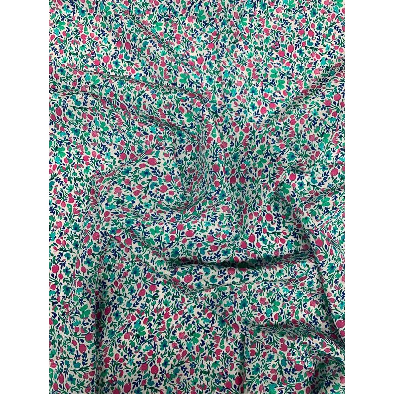 Ditsy Floral Printed Silk Crepe de Chine – Turquoise / Pink / Blue / White Fabric by the Yard