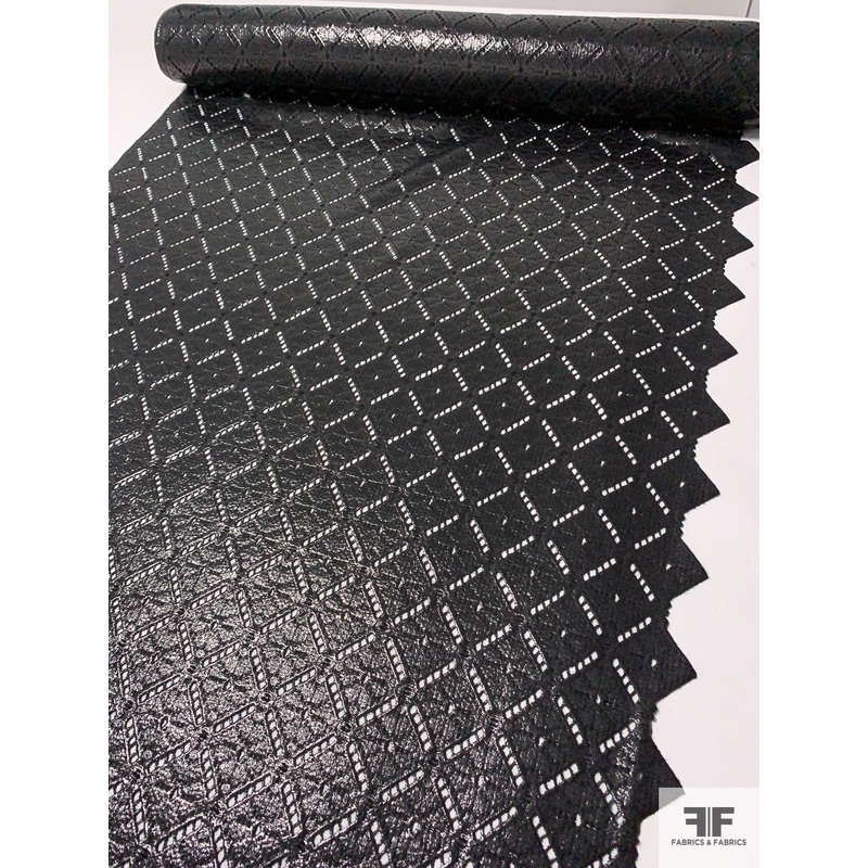French Geometric Grid Single-Scalloped Guipure Lace with Glossy Finish – Black Fabric by the Yard