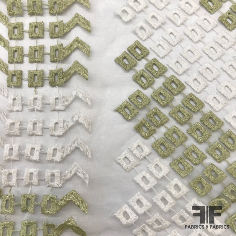 Geometric Embroidered Organza – Sage Green / White Fabric by the Yard