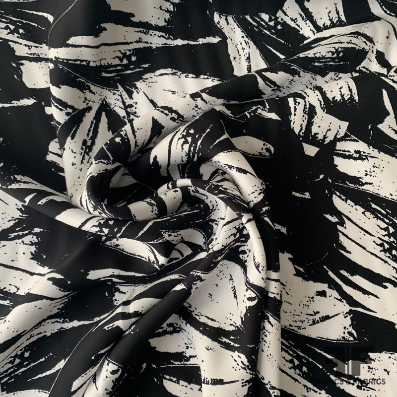 Italian Abstract Leaf Printed Rayon Twill – Black/White Fabric by the Yard