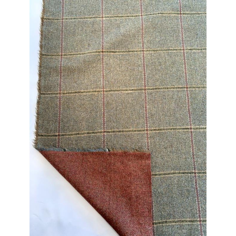 Italian Double-Face Windowpane and Heathered Twill Jacket Weight Lambswool – Olive / Orange Fabric by the Yard