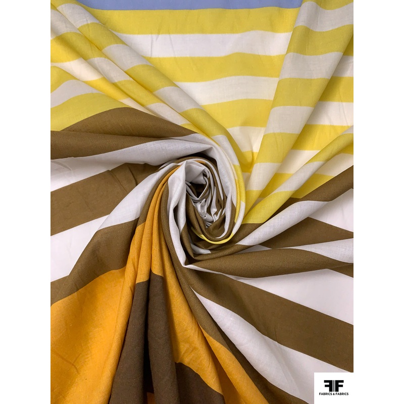 Italian Horizontal Striped Printed Fine Brushed Cotton Lawn Panel – Yellow / Turmeric / Brown / Light Blue / White Fabric by the Panel